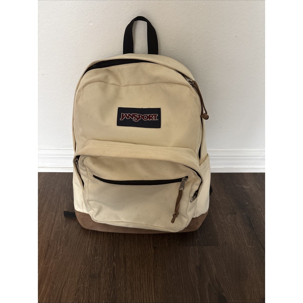 JanSport Right Pack Backpack Coconut White Leather Bottom School Book Bag